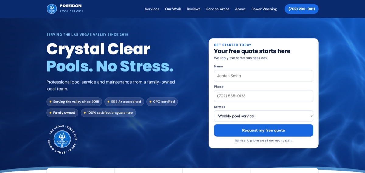 Poseidon Pool Service hero with quote form